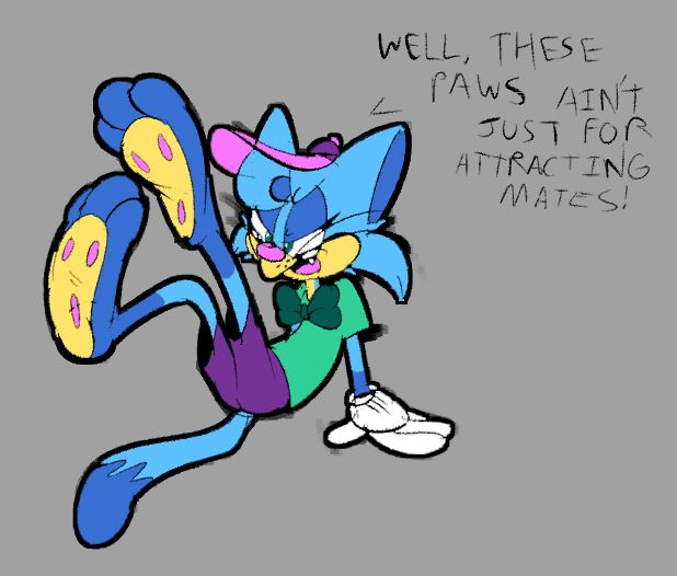 My sona showing off his paws with an angry expression, saying "WELL, THESE PAWS AIN'T JUST FOR ATTRACTING MATES!"