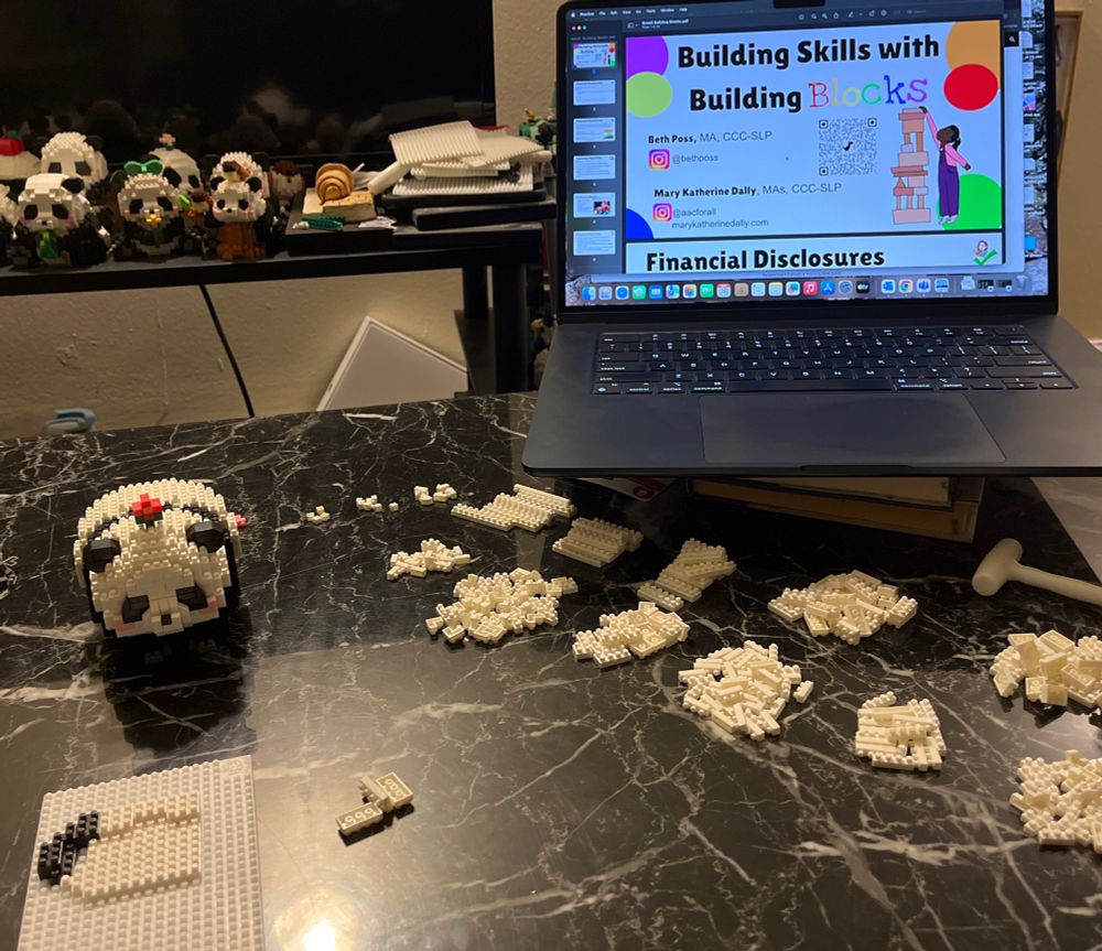 Laptop open to slides about block play. On a table there’s a microblock panda as well as sorted piles of very small white blocks 
