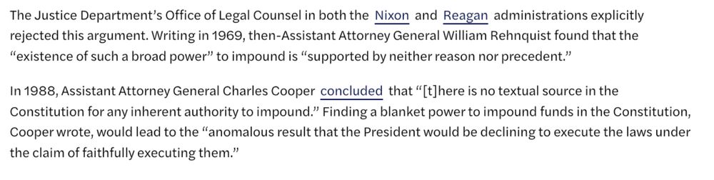 An excerpt of a news story that describes how lawyers in Republican administrations concluded that there is no constitutional power to impound federal funds, as Russ Vought argues.