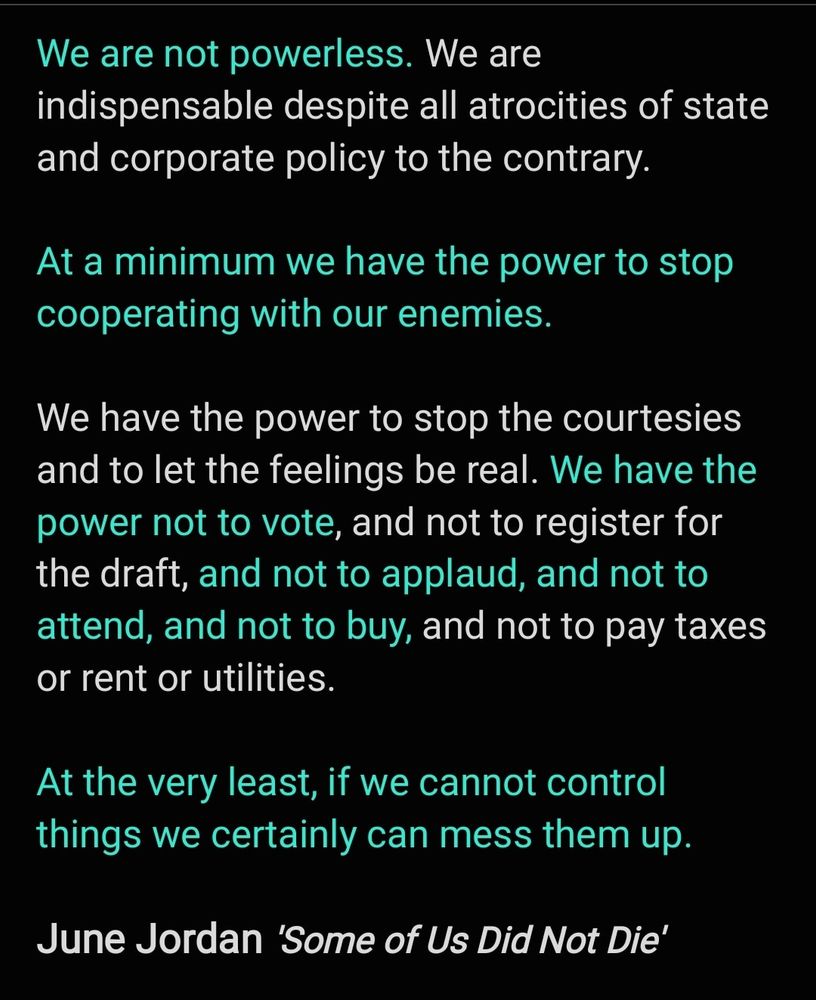 We are not powerless. We are indispensable despite all atrocities of state and corporate policy to the contrary.

At a minimum we have the power to stop cooperating with our enemies.

We have the power to stop the courtesies and to let the feelings be real. We have the power not to vote, and not to register for the draft, and not to applaud, and not to attend, and not to buy, and not to pay taxes or rent or utilities.

At the very least, if we cannot control things we certainly can mess them up.

June Jordan 'Some of Us Did Not Die'