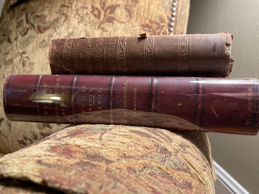 Old leather bound geology books: Lyell’s Elements of Geology (1855) and a Report to the Director of the USGS circa 1890…sitting on the cushioned and nattily upholstered arm of an old man chair.