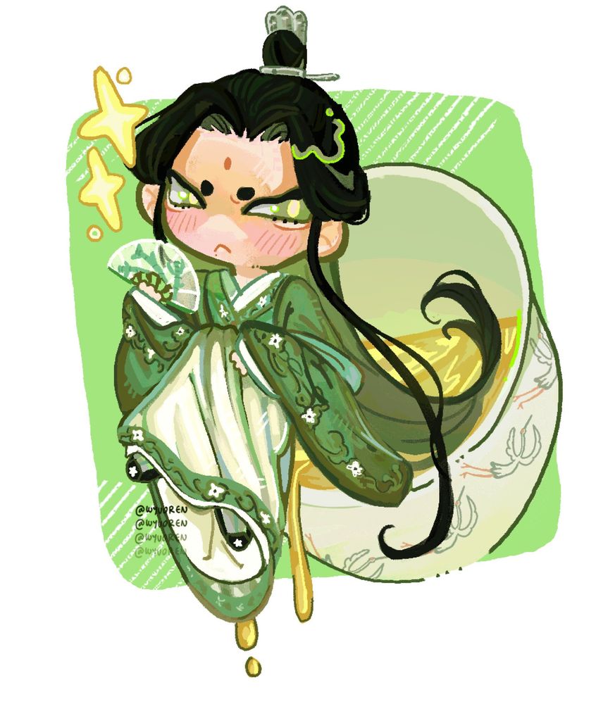 shen jiu from svsss sitting on the lip of a tea cup all pretty like with his fan and a pout on his face