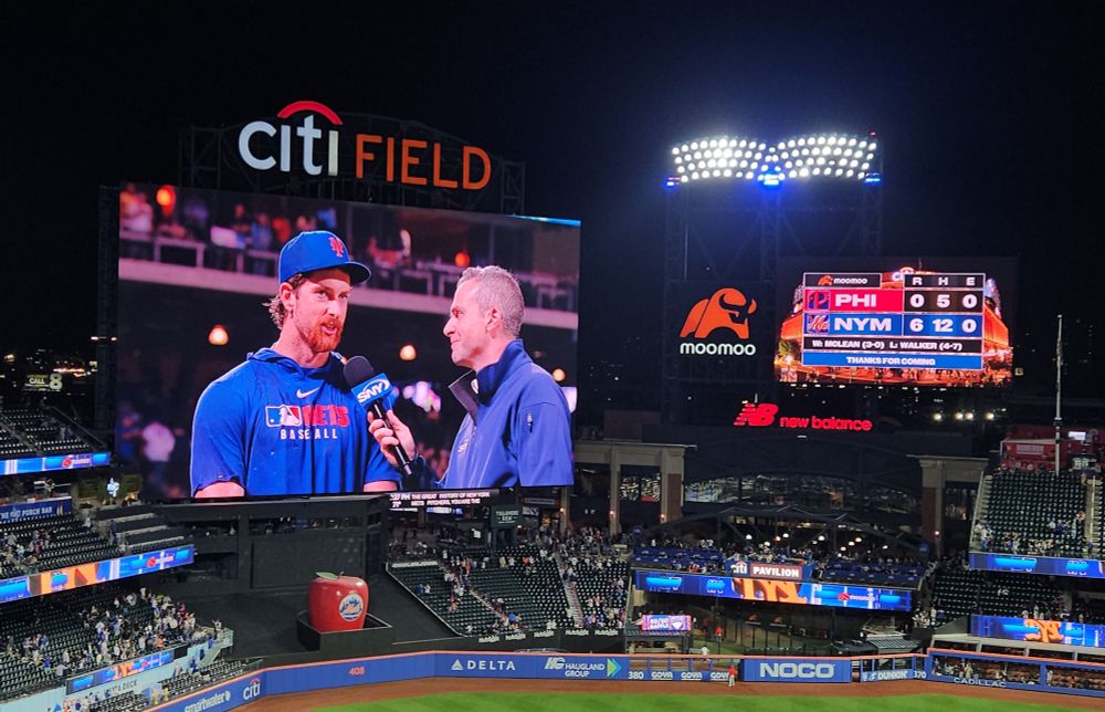 Steve Gelbs interviewing Nolan McLean on the big screen in center field after the Mets' 6-0 win at Citi Field 