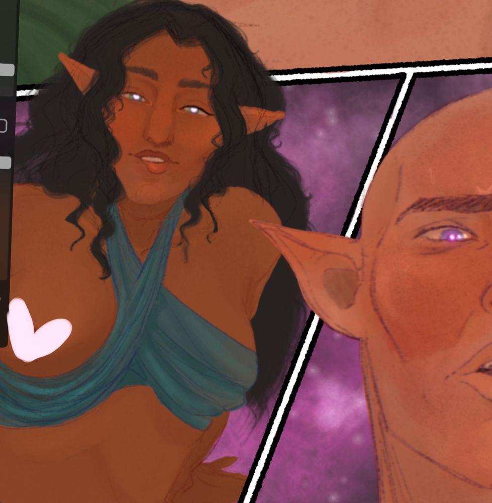 Close up crop of a wip comic page. Dalish elf woman looks up and bites her lip playfully, her eyes glow. Her exposed breast is censored. Solas is cropped on the right, his eyes similarly glow as he looks down at her. He is flushed and seems strained 