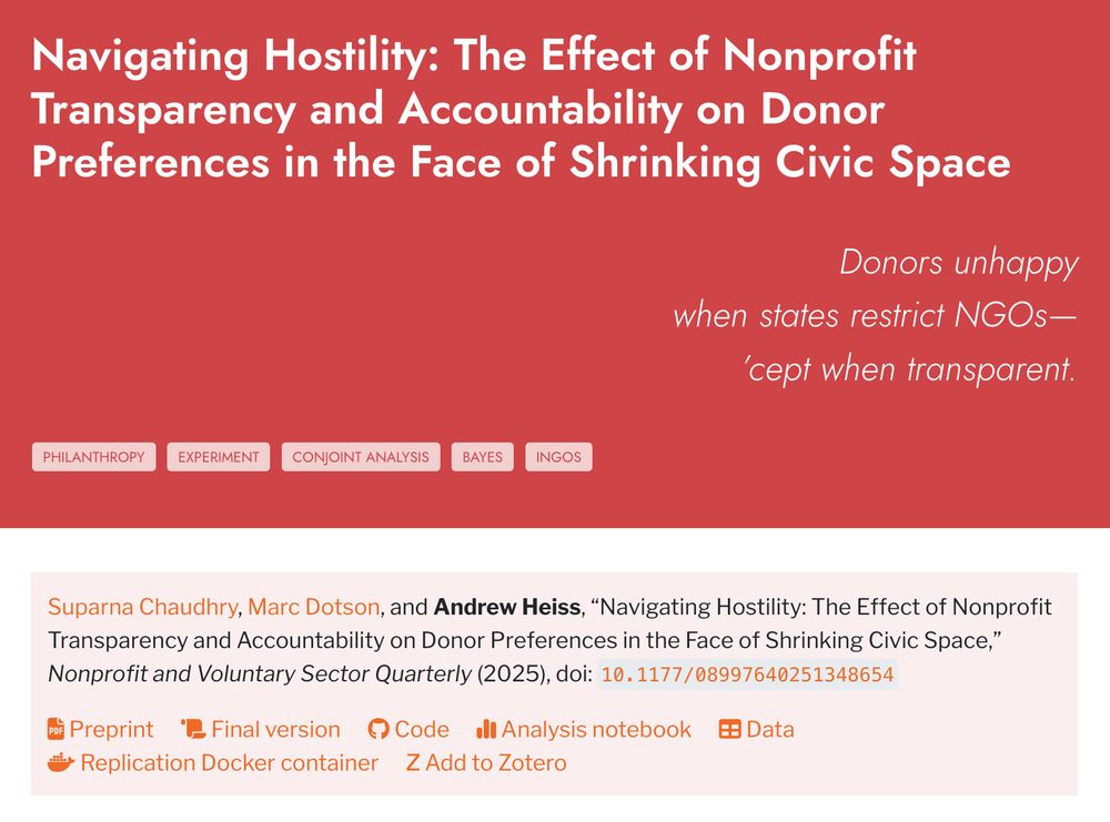 Navigating Hostility: The Effect of Nonprofit Transparency and Accountability on Donor Preferences in the Face of Shrinking Civic Space

Donors unhappy
when states restrict NGOs—
’cept when transparent.

Suparna Chaudhry, Marc Dotson, and Andrew Heiss, “Navigating Hostility: The Effect of Nonprofit Transparency and Accountability on Donor Preferences in the Face of Shrinking Civic Space,” Nonprofit and Voluntary Sector Quarterly (2025), doi: 10.1177/08997640251348654