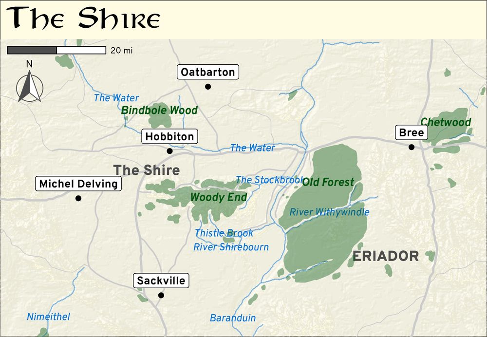 Map of the Shire with forests and rivers and village names, but now with rasterized elevation