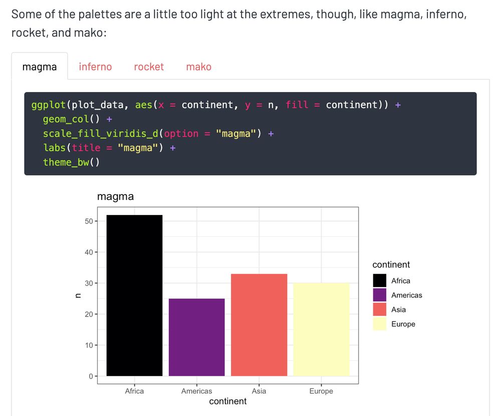 R code for creating a bar chart four four continents, with one of the bars filled with a really really pale yellow from the viridis magma palette
