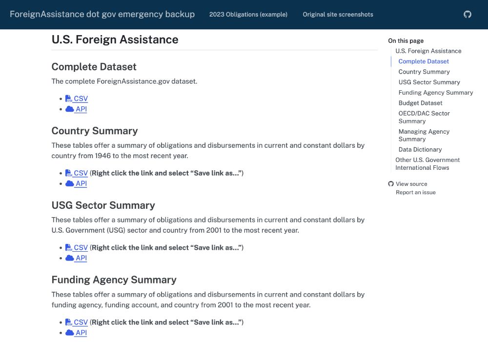 Screenshot from my backup ForeignAssistance dot gov site, with links to different USAID datasets