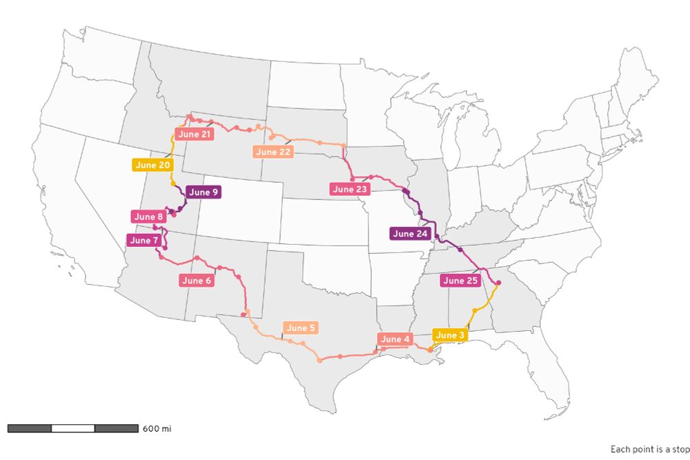 Map of the US showing our path across 17 states through 13 days of traveling