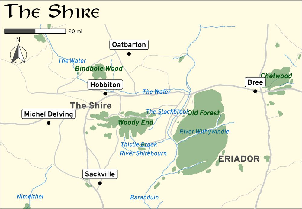 Map of the Shire with forests and rivers and village names