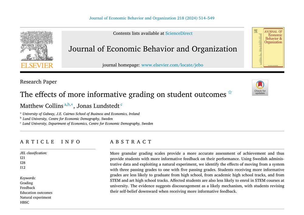 Title page for "The effects of more informative grading on student outcomes" in the Journal of Economic Behavior and Organization, with this abstract:
More granular grading scales provide a more accurate assessment of achievement and thus provide students with more informative feedback on their performance. Using Swedish administrative data and exploiting a natural experiment, we identify the effects of moving from a system with three passing grades to one with five passing grades. Students receiving more informative grades are less likely to graduate from high school, from academic high school tracks, and from STEM and art high school tracks. Affected students are also less likely to enrol in STEM courses at university. The evidence suggests discouragement as a likely mechanism, with students revising their self-belief downward when receiving more informative feedback.