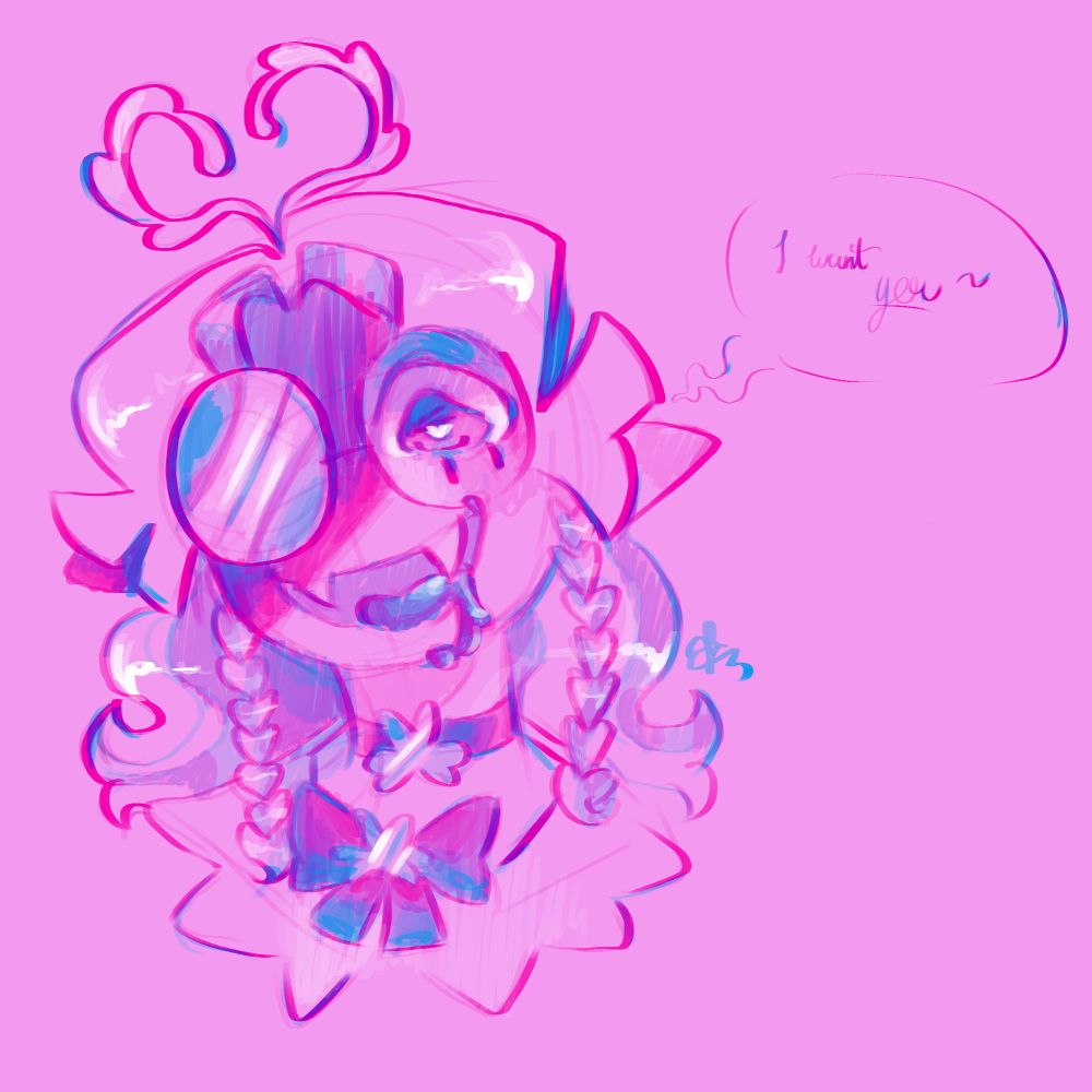 Clover, looking at someone, states, "I want you~" 
The image is sketched in pink, blue ,purple ,and white  