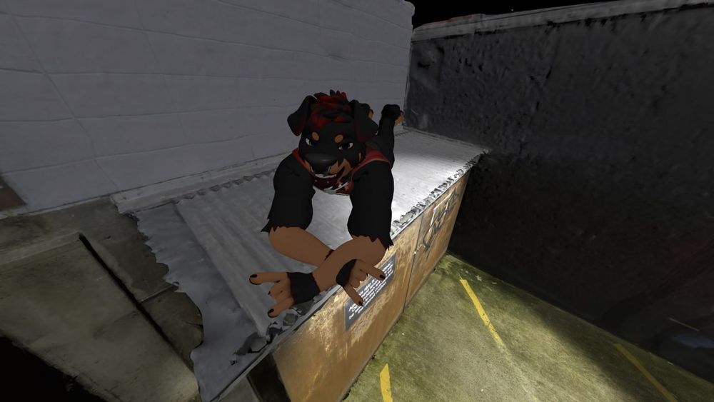 Maverick the rottweiler, shown here as Julia Winterpaw's Male Canine VRChat avatar, is laying down on an alleyway dumpster with a snarly face.