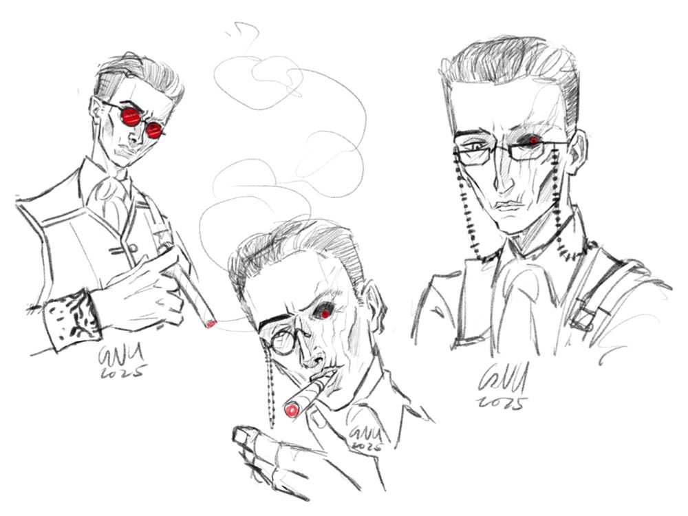 Three digital sketches of Silco from arcane wearing glasses. I'm the first one he's wearing red tinted sunglasses and holding his cigar. In the second he is lighting his cigar, wearing a monocle. In the third he wears a pair of glasses with a beaded chain. The only colour is the red of the glasses, the cigar's glowing end, and Silco's eye