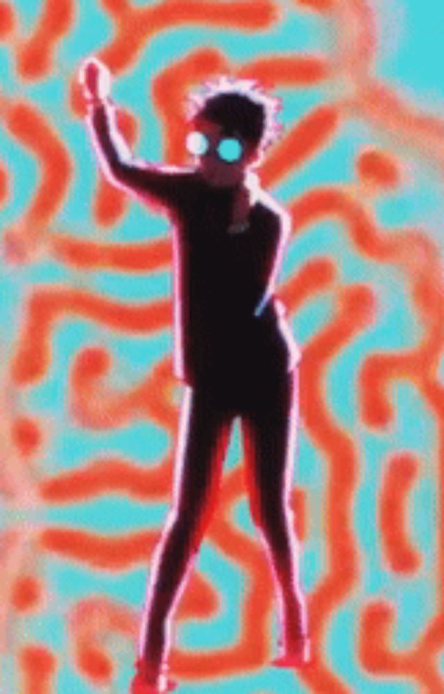 a man in a black suit and sunglasses is dancing in front of a colorful background