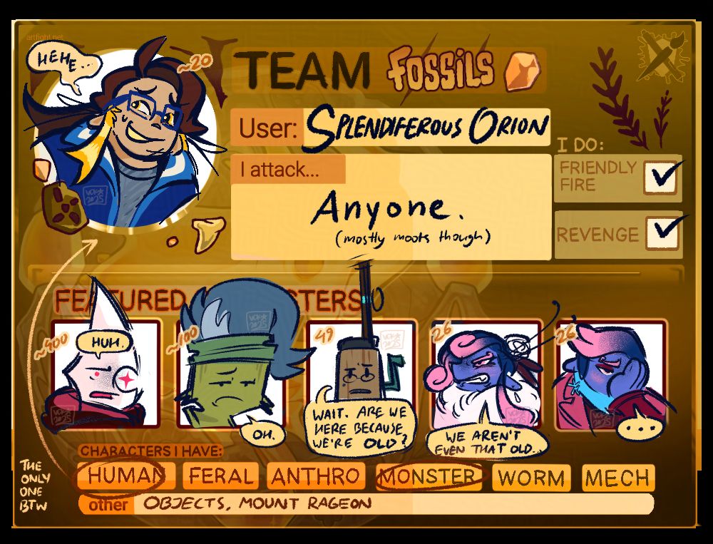 Team Fossils Artfight profile, featuring my persona Vim and 5 other OCs - Grimm (~400 years old), Chimera (~100 years old), Rodie (49 years old), Wynnfrost and Wynfnrey (26 years old).