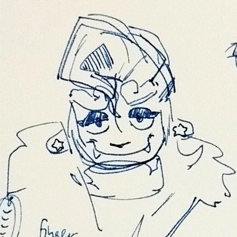 A traditional doodle of Arching Thunderstar, drawn smiling smugly to the camera.