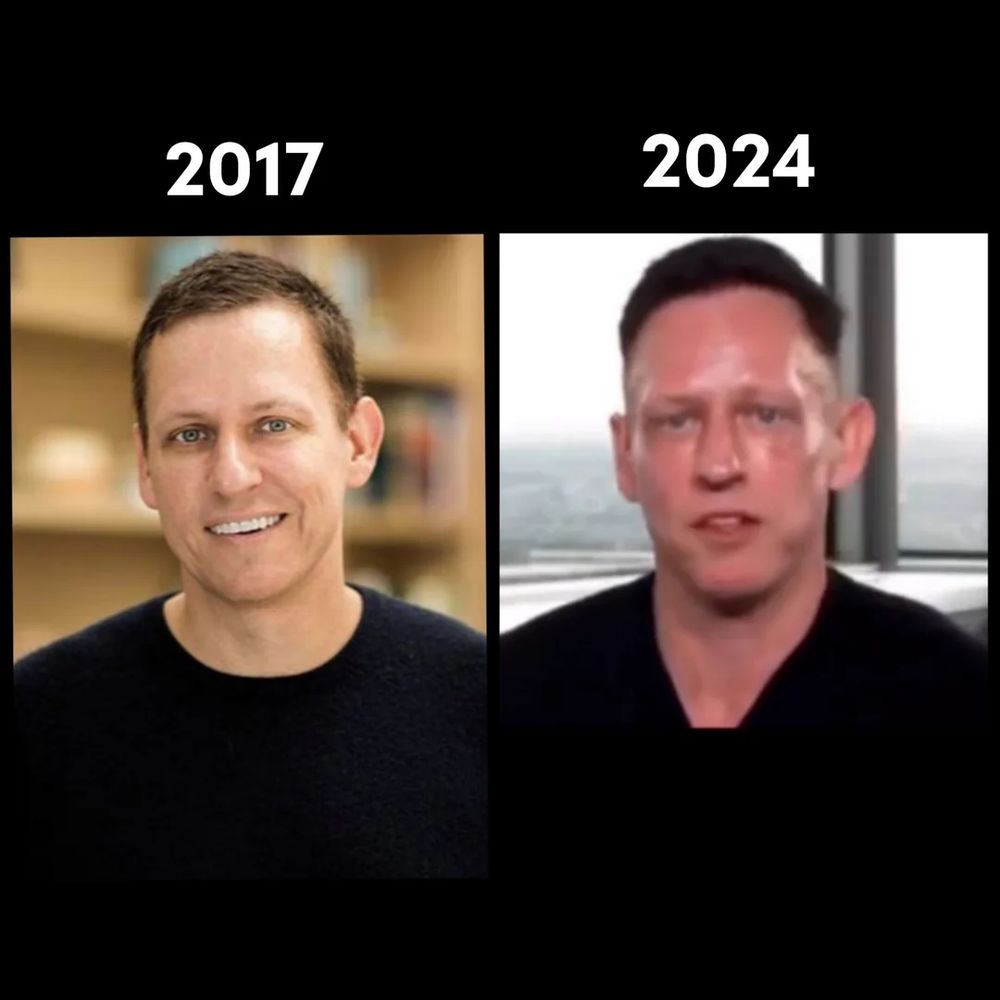 Peter Tiel in 2017, looking relatively normal, and him in 2024, looking like a wet Stretch Armstrong. 