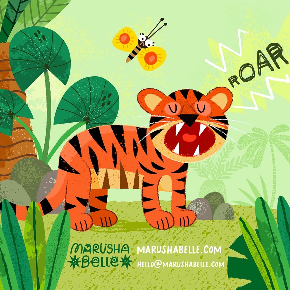 Jungle illustration with tiger roaring for kids by Marusha Belle 