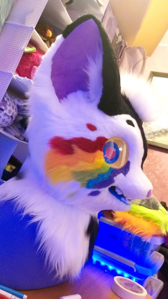 Kemono fursuit head, half of the face is black, other white, with rainbow colors "leaking" from the white side eye. Purple nose and inner ears, white hair fluff, plastic dome eyes. Photo from the white face side.