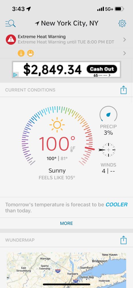A screenshot of a weather app showing 100 degrees F (38ish C) in NYC.  Bleh.
