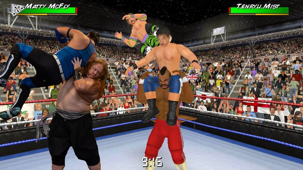 A image of wrestlers in a wrestling ring, in a screenshot from the game Wrestling Empire. The three in the centre are taken from the screenshot of the game, one wrestler is seated on the shoulders of another, while a third wrestler is jumping from the turnbuckle to deliver  a dropkick to the seated wrestler.

In the left, another wrestler dressed as a pirate is very poorly photoshopped from a real photo, delivering a chokeslam.
