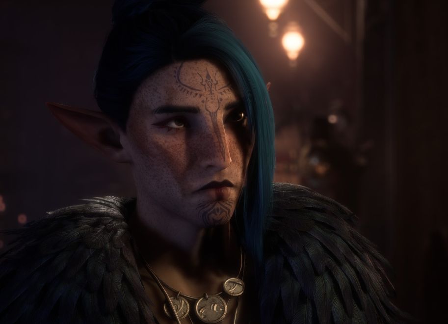 Dragon Age veilguard elf, a closeup. His blue hair is slightly faded in colour, but still up on a bun. Some of it covers his face. He has three prominent scars on the right side of his face. 