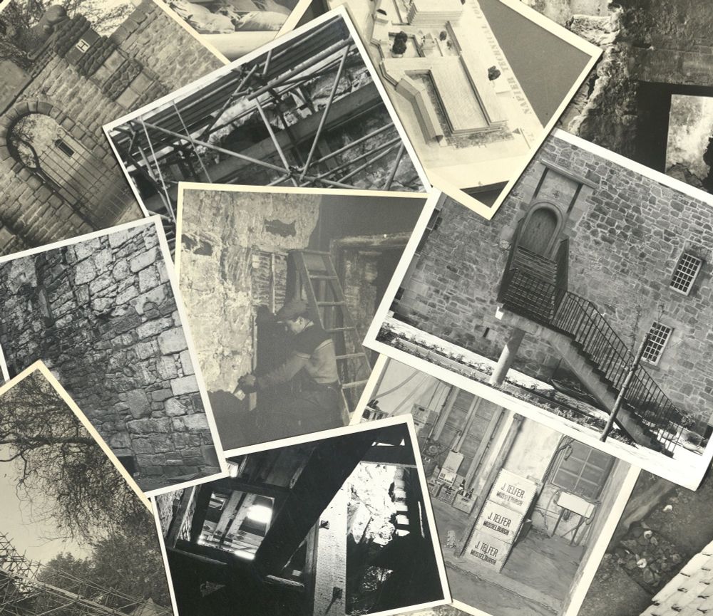 Selection of overlaid black and white photographs detailing the refurbishment of the late medieval Merchiston Tower in Edinburgh in various stages. Individual images show the Lionsgate entrance, scaffolding, a maquette of the proposed campus surrounding the tower, the stairs into the tower, a workman working on a wall, and several interior shots of work in progress. 