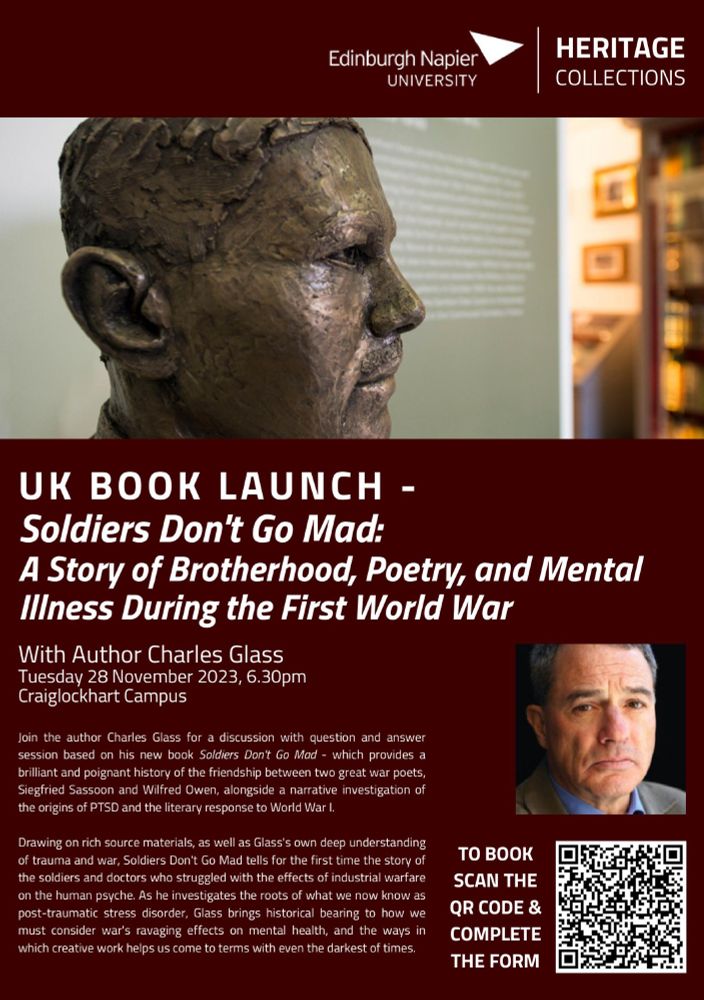 Announcement poster for the book launch of Charles Glass' Soldier's Don't Go Mad.