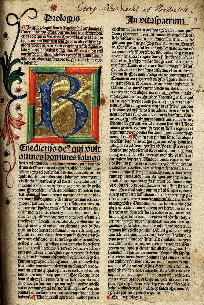 A leaf from Anton Koberger's 'Vitaspatrum sanctorum Egiptiorum', dated to 1483. The page features a large illuminated initial 'B' (ECC A13). 
