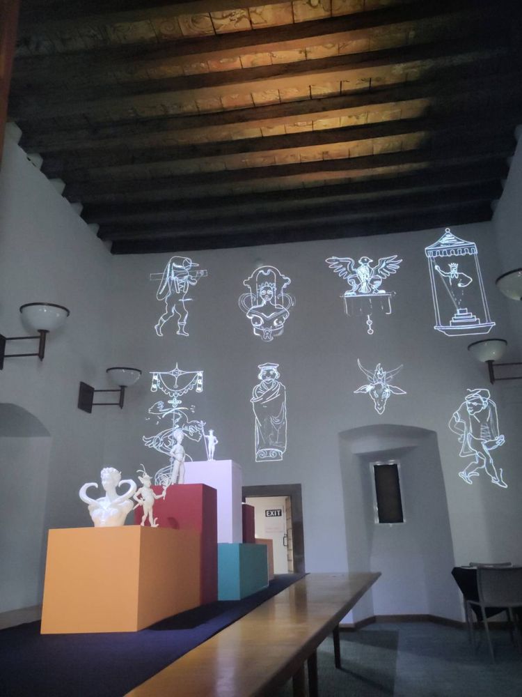 Exhibition inside Merchiston Tower, containing projected images and 3D-printed models of the figures and grotesques found on the early painted ceiling (which is in the same room).
