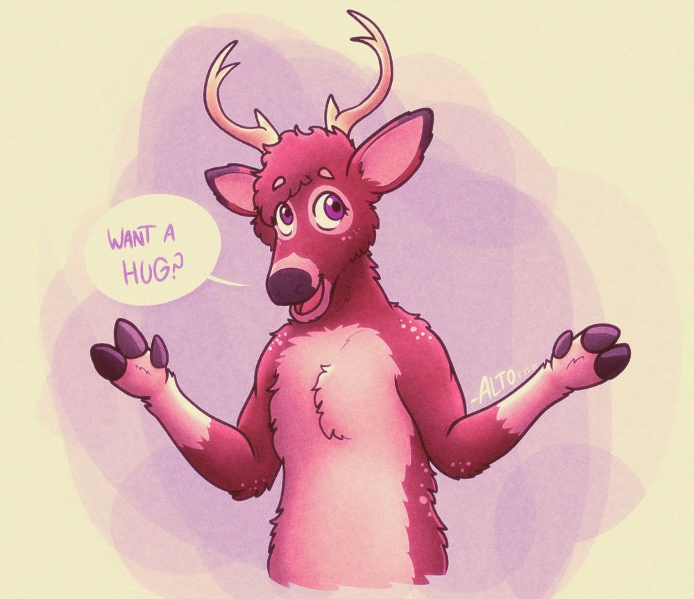 A drawing of Ginger (they/them) as a deer with their arms outstretched and a speech bubble of them asking, "Want a hug?"