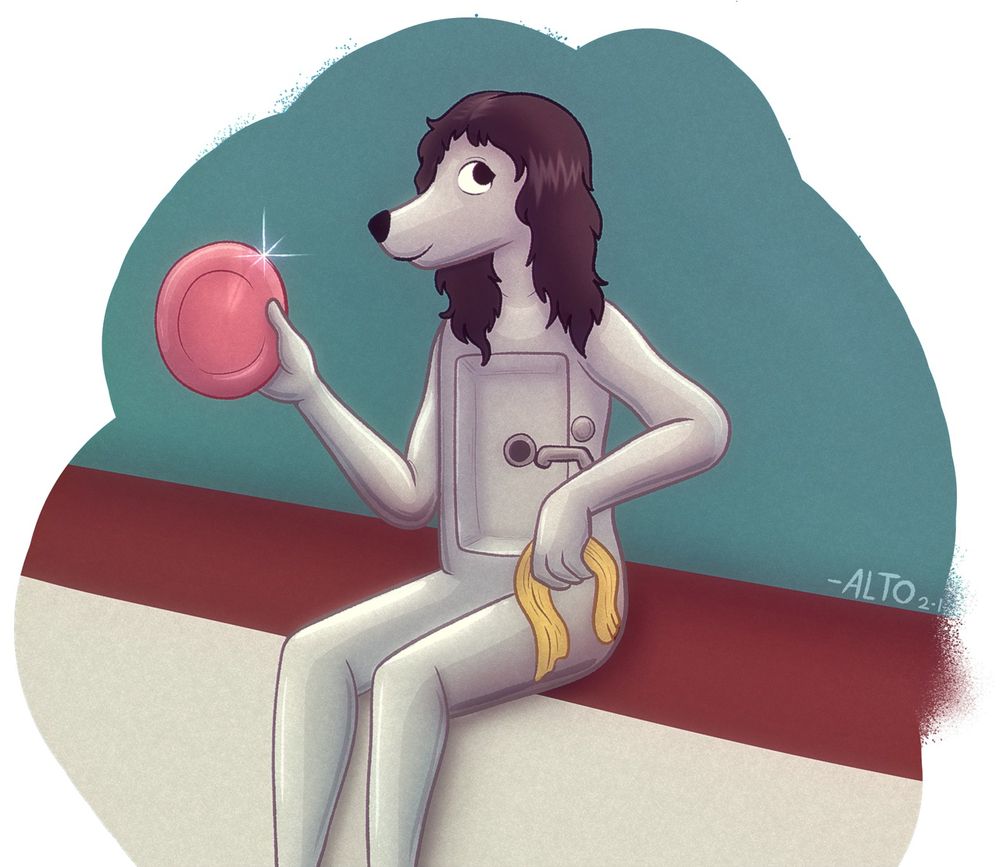 Sinkdog sitting on a counter holding a plate and a rag. 