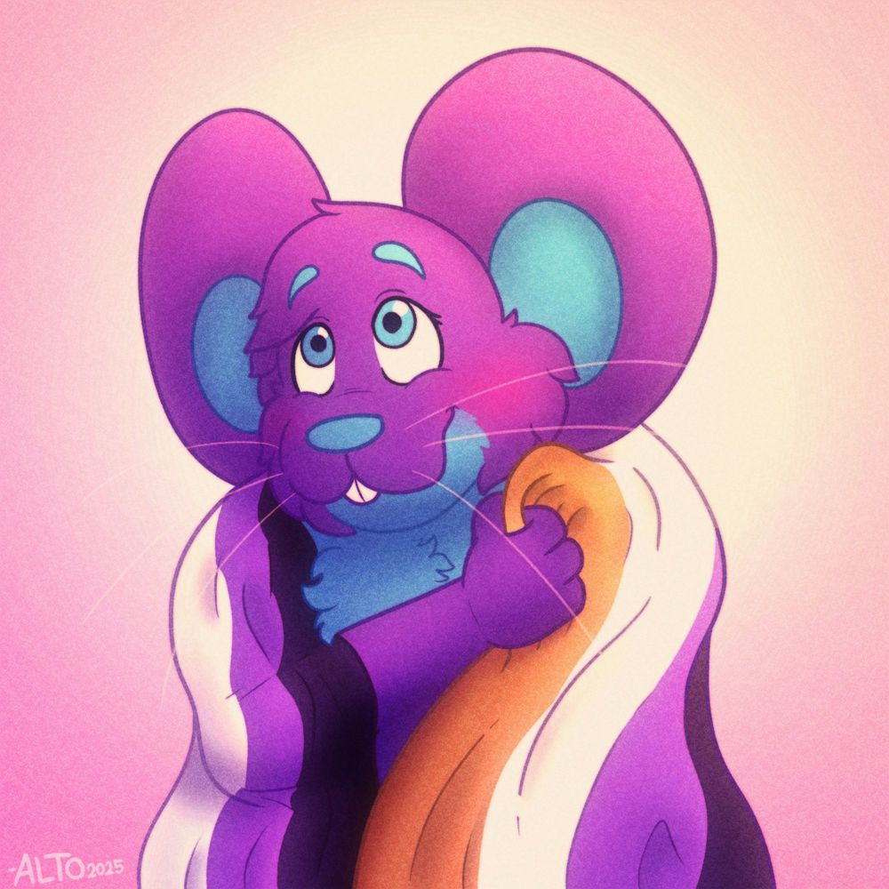 A drawing of Alto with a nonbinary pride flag draped over their shoulders. They clutch it tightly with a paw and smile widely.