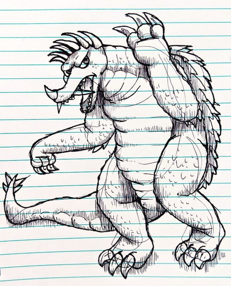 A pen drawing of Anguirus standing on his hind legs