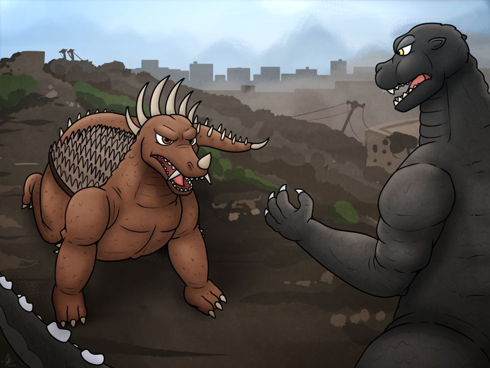 Anguirus and Godzilla staring each other down in the ruins of a city.