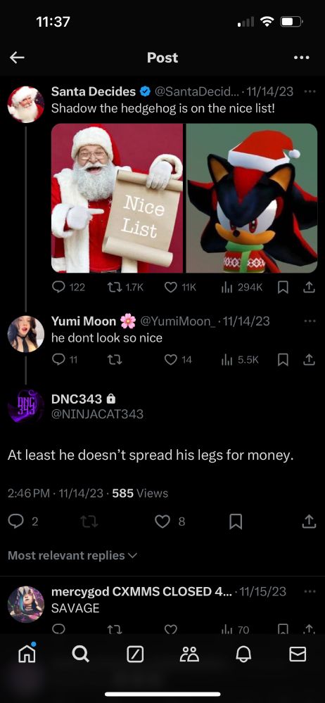 Twitter post from the account Santa Decides says 'Shadow the hedgehog is on the nice list'. Account Yumi Moon says 'he don't look so nice'. Account DNC343 responds to Yumi Moom says 'at least he doesn't spread his legs for money'.