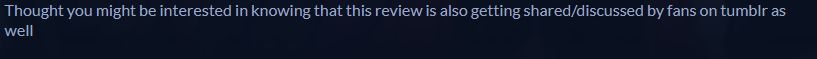 league of comic geeks comment: Thought you might be interested in knowing that this review is also getting shared/discussed by fans on tumblr as well