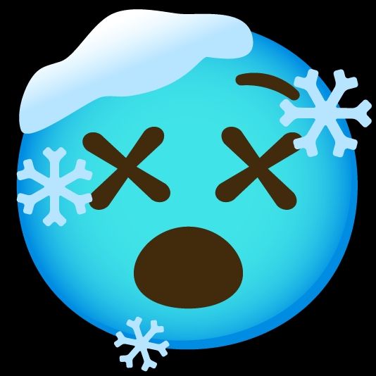 Blue emoji with X's for eyes and snow on its head