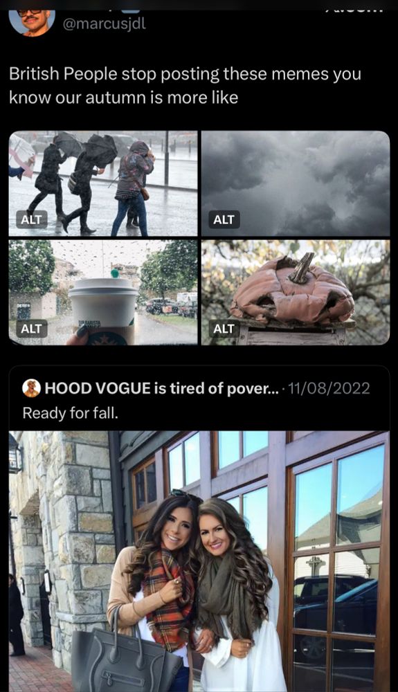 tweet from me British People stop posting these memes you know our autumn is more like -picture of three people walking with umbrellas in the rain - picture of sky with grey rain clouds - picture of coffee cup held up against rainy window - picture of squashed wet pumpkin quote tweet of HOOD VOGUE picture of two american women smiling with long hair dressed with cute scarves outside a restaurant 