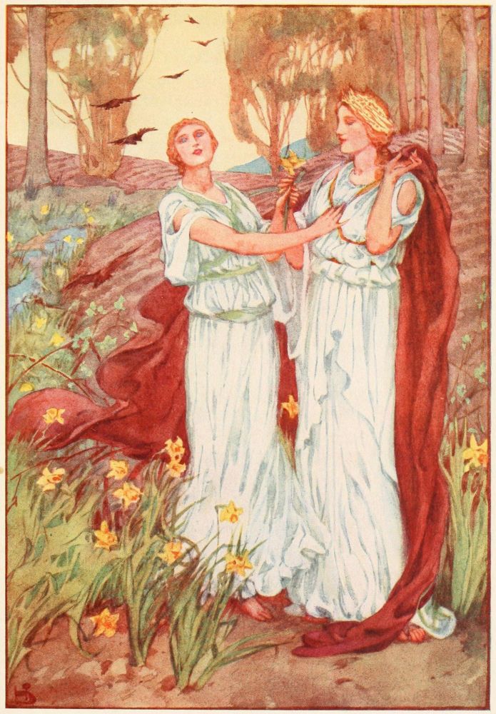 Dessin dans des couleurs pastels. Perséphone et sa mère, couronnée de blés, dans un champs, entourées d'arbres et de fleurs, vêtues de blanc et de rouge.. Image : Helen Stratton - A book of myths, New York, 1915.