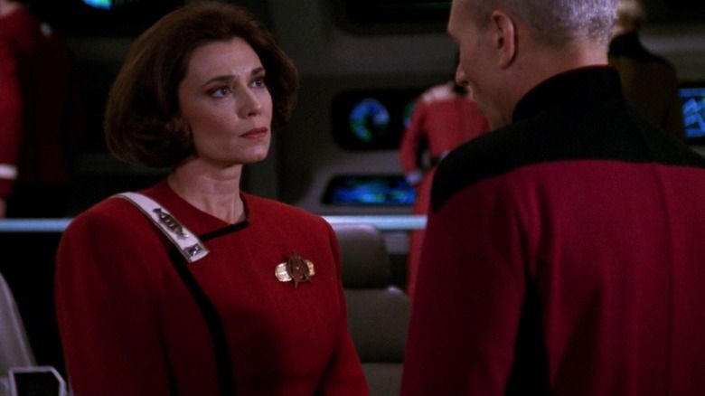 Capt. Rachel Garrett (Tricia O'Neil) looks at Capt. Jean-Luc Picard (Sir Patrick Stewart). From "Yesterday's Enterprise"