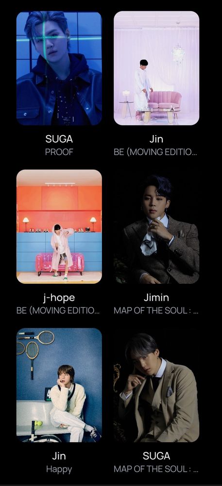 BCD app digital photocards

1 SUGA - PROOF 
1 Jin - BE (Moving Edition)
1 j-hope - BE (Moving Edition)
1 Jimin - Map of the Soul:7 - 3
1 Jin - HAPPY
1 SUGA - Map of the Soul: 7 - 3