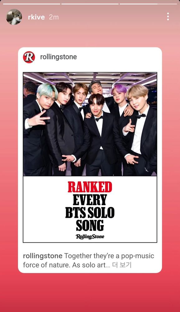RM's insta story sharing RollingStone post "Ranked Every BTS Solo Song"