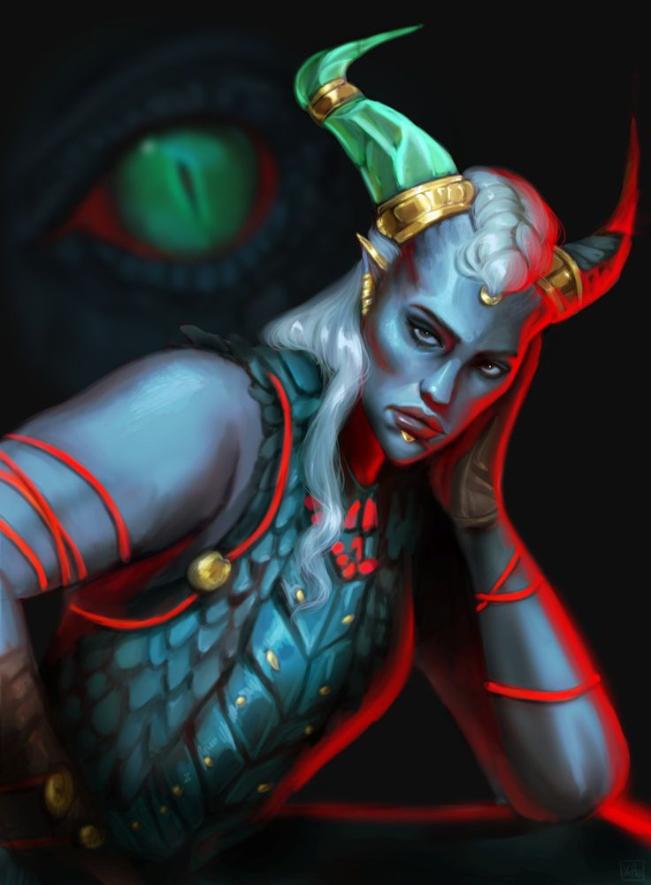 Art similar to screenshot of Taash with head resting on hand while in team meeting, but with Taash instead against black background with single dragon eye visible. Taash clearly not thrilled to be there. Piece is not signed but was posted by Hrisi from https://www.tumblr.com/awesomeblogwellnotreally