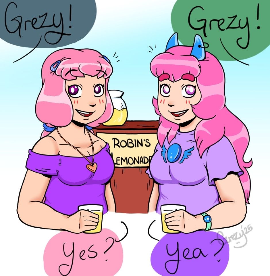 A meeting of two Grezys! On the left is my self insert DoL character and on the right is my vtuber self. They are both holding lemonade from Robin's Lemonade stand (DoL reference) while off screen their respective partners call their names. 