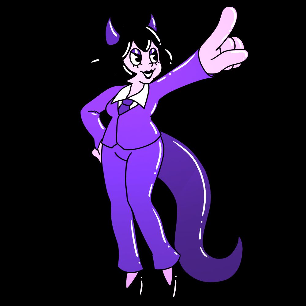 Amazing art in the style of old school animation done by Tiruffmisu. 
Grezy pointing while wearing a purple suit.