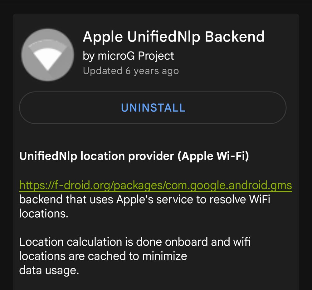 Screenshot of Apple UnifiedNlp Backend by microG Project in the F-Droid app with a description explaining that it uses Apple's service to resolve Wi-Fi locations