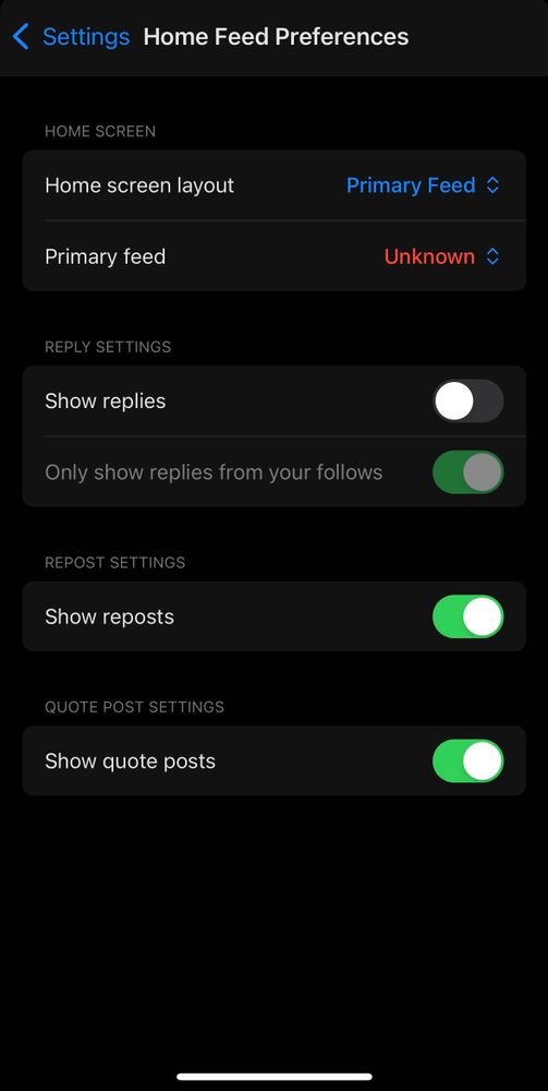 Then I switch to account B, “Primary feed” will become unknown, and if I try to change it, it will crash the app.