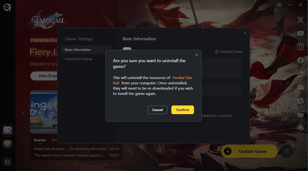 A picture of the Hoyoverse menu, asking me if I want to uninstall Honkai: Star Rail